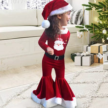 Laden Sie das Bild in den Galerie-Viewer, 3-teiliges Set aus Teddy-Oberteil und Flare-Hose aus süßem rotem Samt mit Weihnachtsmotiv