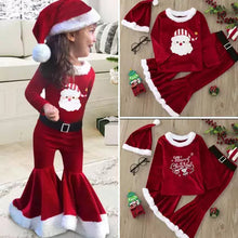 Laden Sie das Bild in den Galerie-Viewer, 3-teiliges Set aus Teddy-Oberteil und Flare-Hose aus süßem rotem Samt mit Weihnachtsmotiv