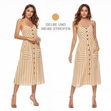 Laden Sie das Bild in den Galerie-Viewer, Gestreifte Spaghetti-Träger der Frauen Button-Down-Swing-Midikleid mit Taschen Sommer-Strandfest-Sommerkleid-Blau