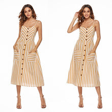 Laden Sie das Bild in den Galerie-Viewer, Gestreifte Spaghetti-Träger der Frauen Button-Down-Swing-Midikleid mit Taschen Sommer-Strandfest-Sommerkleid-Blau
