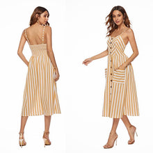 Laden Sie das Bild in den Galerie-Viewer, Gestreifte Spaghetti-Träger der Frauen Button-Down-Swing-Midikleid mit Taschen Sommer-Strandfest-Sommerkleid-Blau