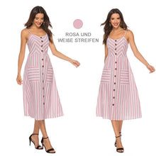Laden Sie das Bild in den Galerie-Viewer, Gestreifte Spaghetti-Träger der Frauen Button-Down-Swing-Midikleid mit Taschen Sommer-Strandfest-Sommerkleid-Blau