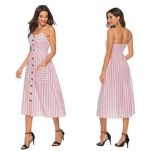 Laden Sie das Bild in den Galerie-Viewer, Gestreifte Spaghetti-Träger der Frauen Button-Down-Swing-Midikleid mit Taschen Sommer-Strandfest-Sommerkleid-Blau