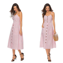 Laden Sie das Bild in den Galerie-Viewer, Gestreifte Spaghetti-Träger der Frauen Button-Down-Swing-Midikleid mit Taschen Sommer-Strandfest-Sommerkleid-Blau