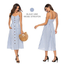 Laden Sie das Bild in den Galerie-Viewer, Gestreifte Spaghetti-Träger der Frauen Button-Down-Swing-Midikleid mit Taschen Sommer-Strandfest-Sommerkleid-Blau