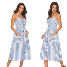 Laden Sie das Bild in den Galerie-Viewer, Gestreifte Spaghetti-Träger der Frauen Button-Down-Swing-Midikleid mit Taschen Sommer-Strandfest-Sommerkleid-Blau