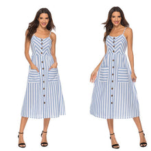 Laden Sie das Bild in den Galerie-Viewer, Gestreifte Spaghetti-Träger der Frauen Button-Down-Swing-Midikleid mit Taschen Sommer-Strandfest-Sommerkleid-Blau